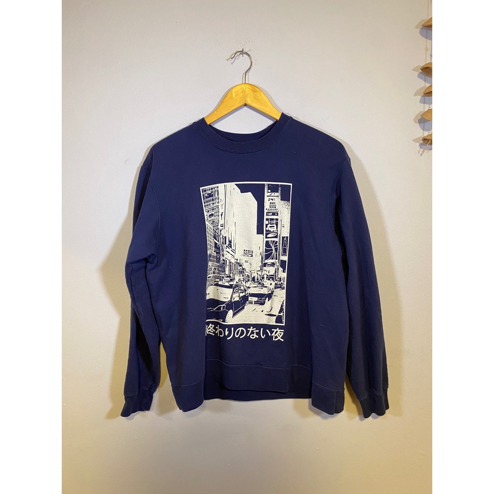 Navy Port & Company Sweatshirt Japanese Cityscape Graphic Large Unisex